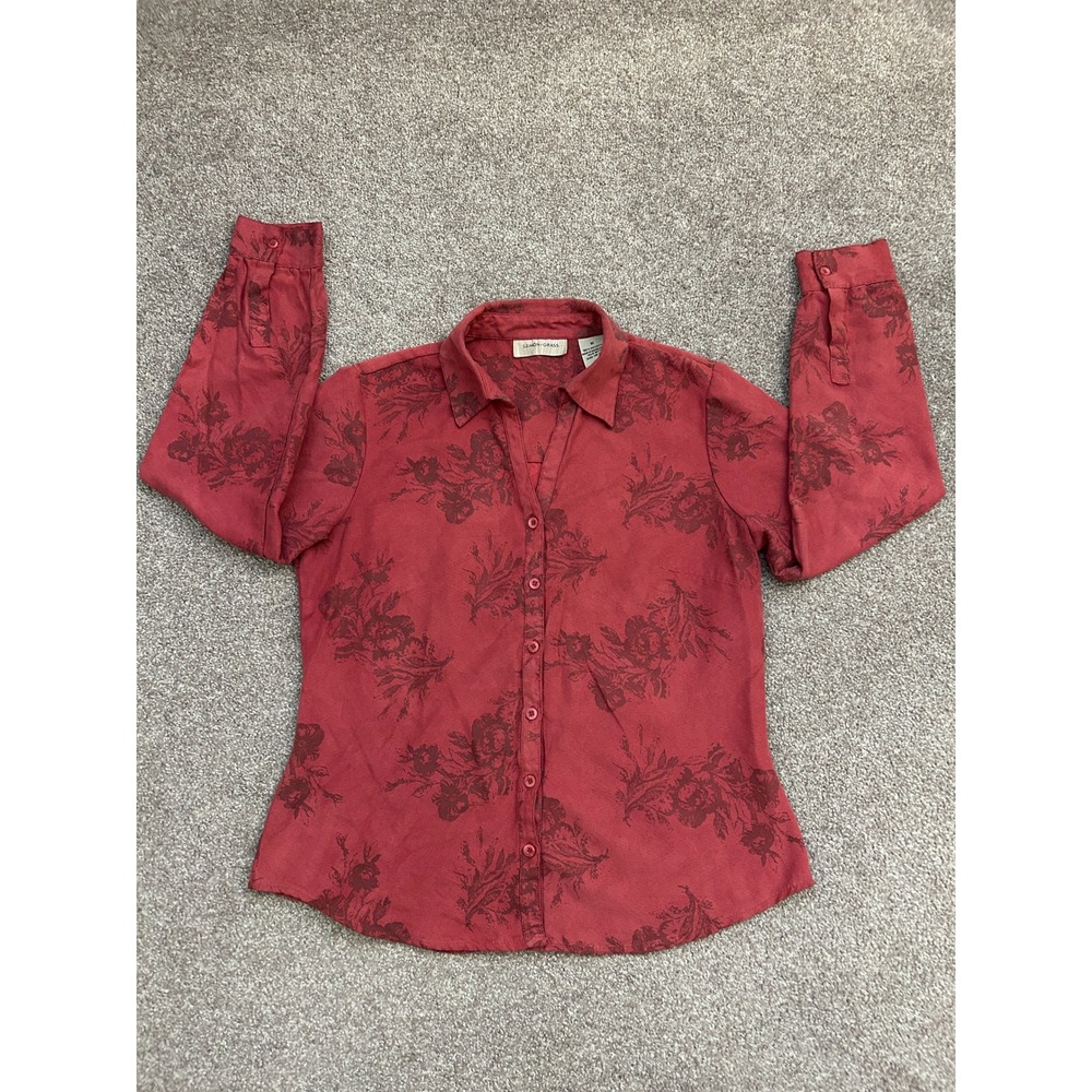 Casual Chic Lemon Grass Floral Blouse Womens Medium Red Excellent Long Sleeve